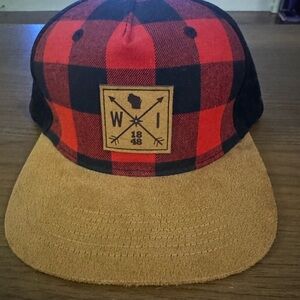 Red and Black Plaid Cap with Tan Brim